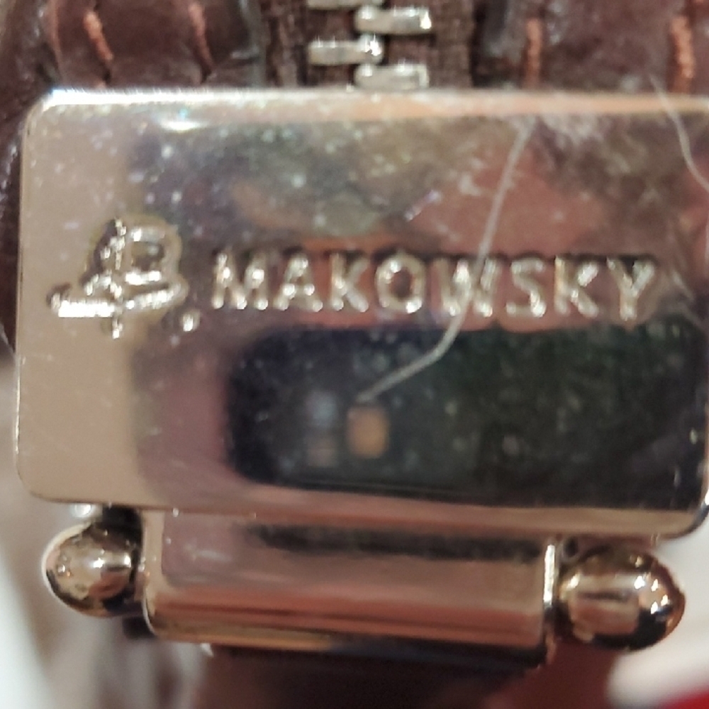 B. Makowsky Metallic and Brown Heavy Shoulder Bag 2 Outside Pockets 12 X16 - Picture 9 of 16